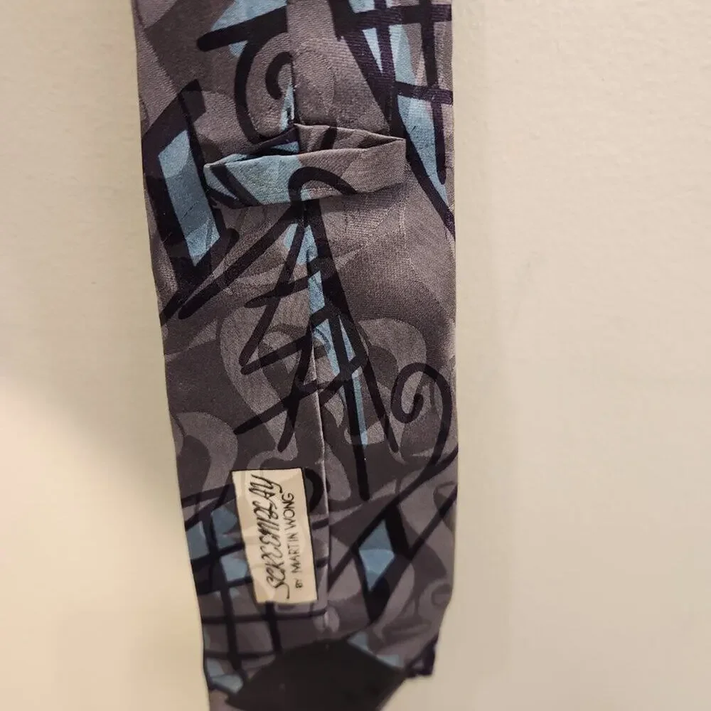 Vintage Screenplay Martin Wong Silk Tie Abstract Retro Bold Classic Grey Blue